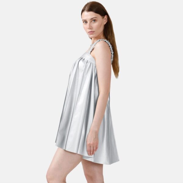 Silver Pleated Vegan Leather Mini Dress Rv04 - Image 2