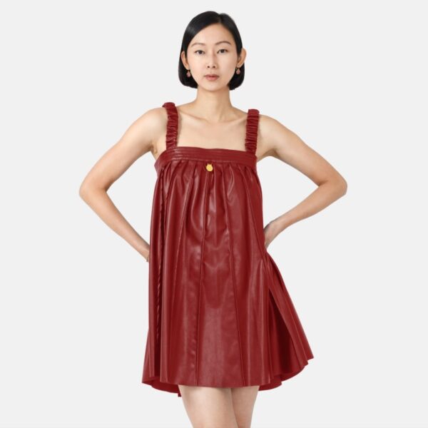 Red Pleated Vegan Leather Mini Dress Rv03 - Image 3