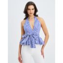 Ilene Blue & White Checkered Bubble Hem Halter Top Rv05