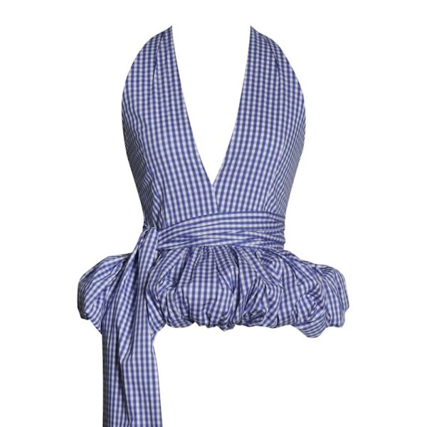 Ilene Blue & White Checkered Bubble Hem Halter Top Rv05